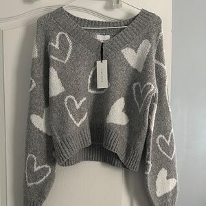 Pink Rose V-Neck Sweater with Heart Pattern